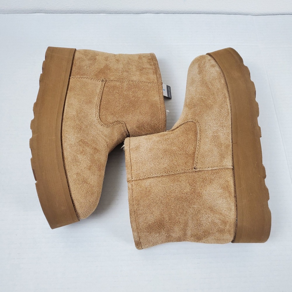 Womens Tan Suede Platform Ankle Boots Genuine Leather Faux Fur Lined Size 9